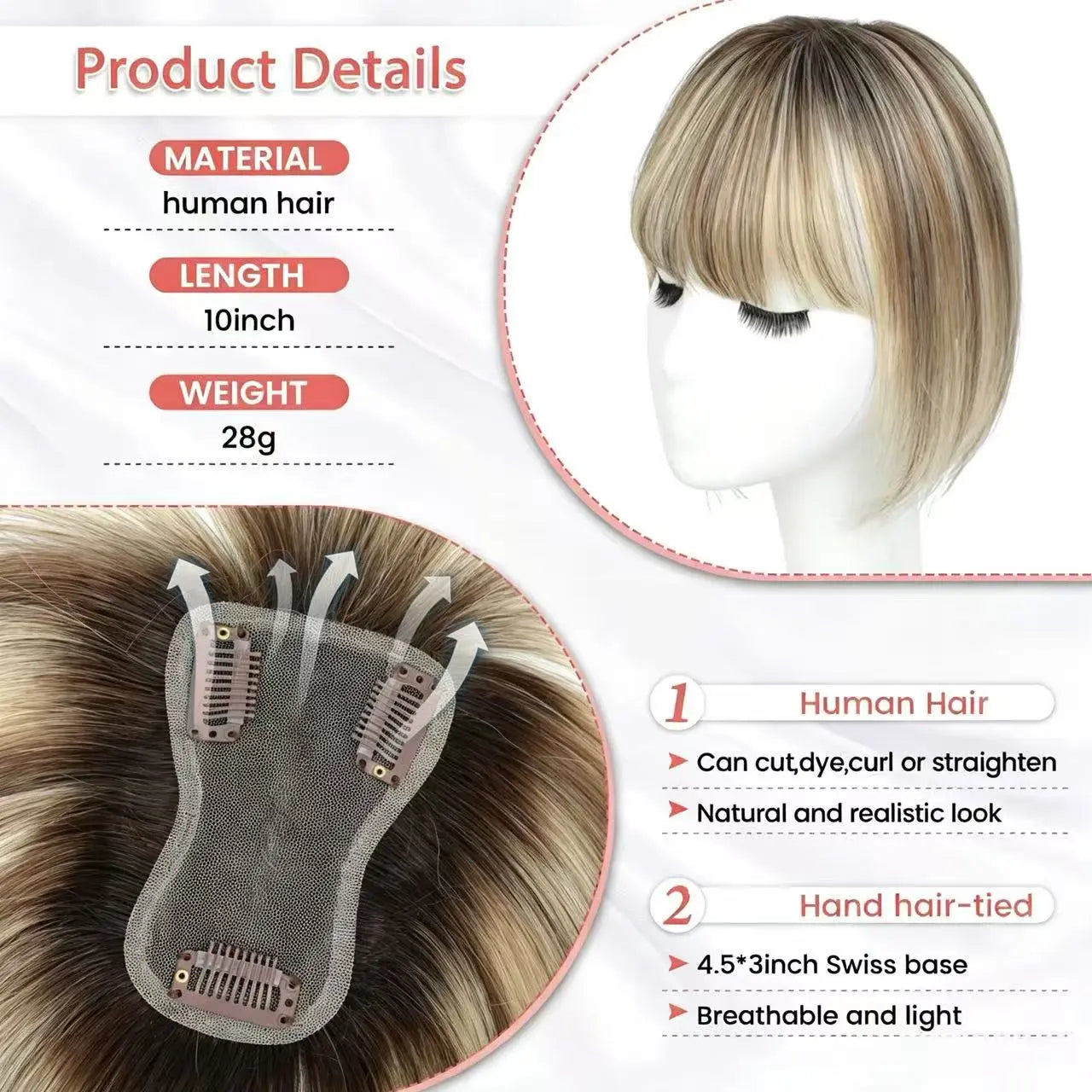 Human Hair Topper with Bangs | Hair Piece for Thinning Hair