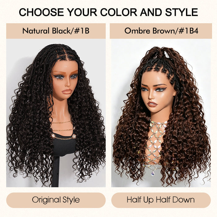 Braided Glueless Wig Drawstring Cap 13x6 HD Lace Front Knotless Boho Curls Human Hair Wigs
