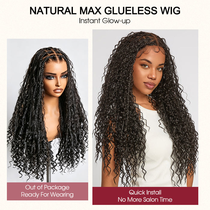 Braided Glueless Wig Drawstring Cap 13x6 HD Lace Front Knotless Boho Curls Human Hair Wigs