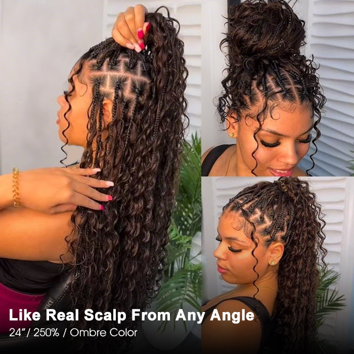 Braided Glueless Wig Drawstring Cap 13x6 HD Lace Front Knotless Boho Curls Human Hair Wigs